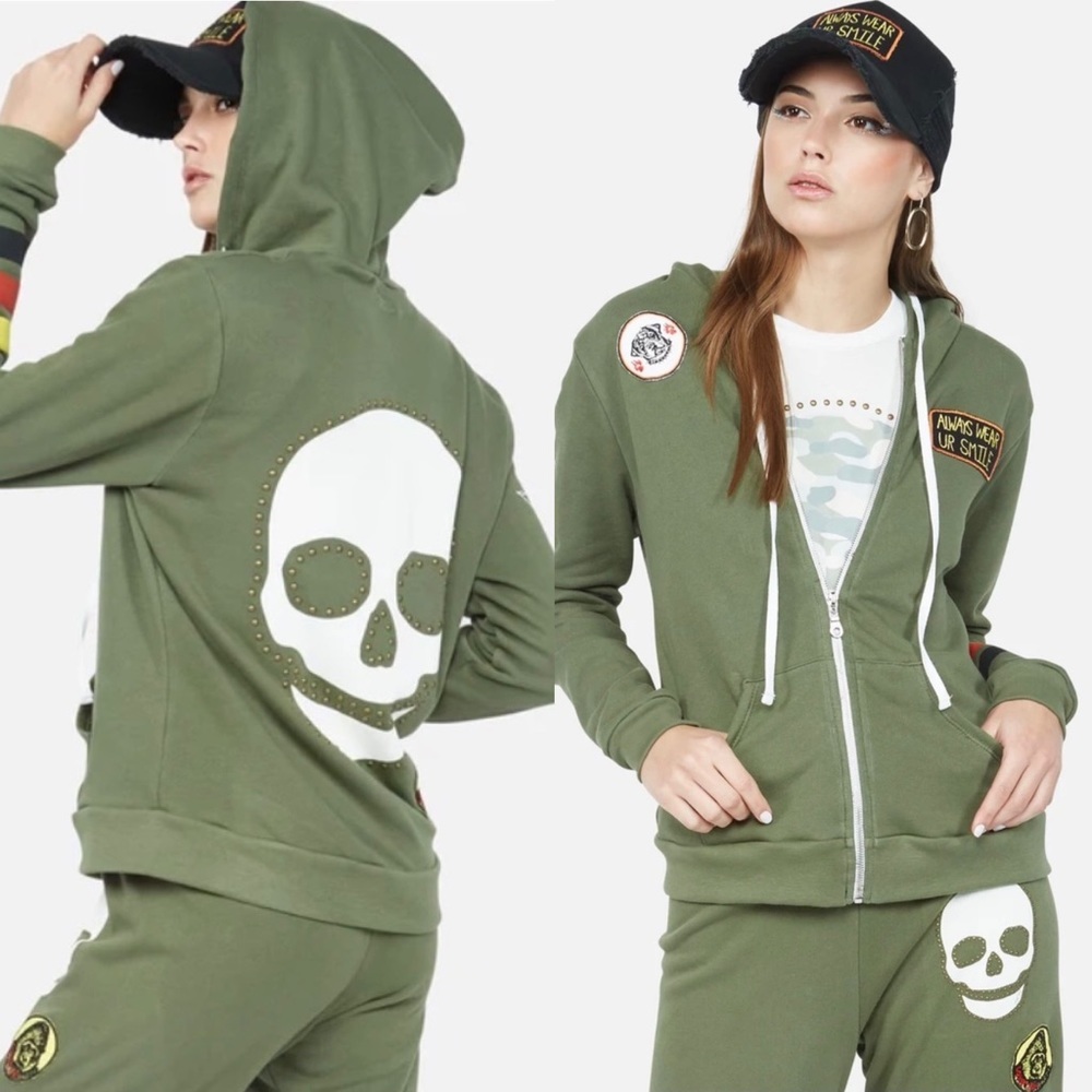 Lauren Moshi Lennox Stud Skull Hoodie Sweatshirt